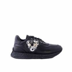 Sneakers Femei Piele Neagră cu Aplicații Bijuterie