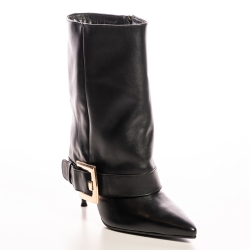 Botine Negre Piele, Toc Stiletto, Vârf Ascuțit, Cataramă Aurie