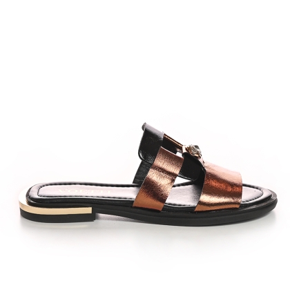 Voltti Women's Bronze Metallic Slide Sandals with Jewel Detail. Stylish, comfortable, and chic!