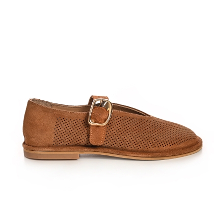 Balerini damă piele întoarsă maro cu cataramă - Eleganță și confort!