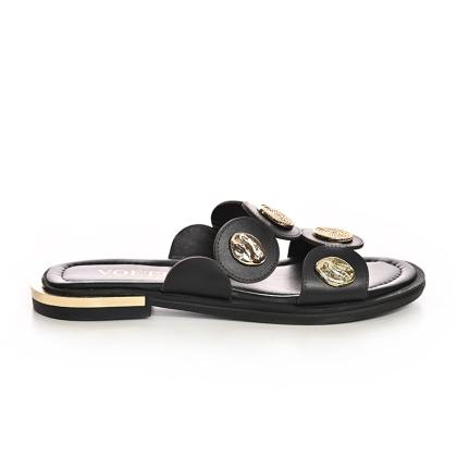 *   Voetti Women's Black Coin Embellished Leather Slide Sandals