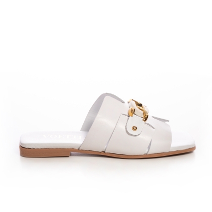 Sigur! Iată o sugestie:Papuci Dama Piele Albi cu Lanț Aurie - Eleganță și Confort
