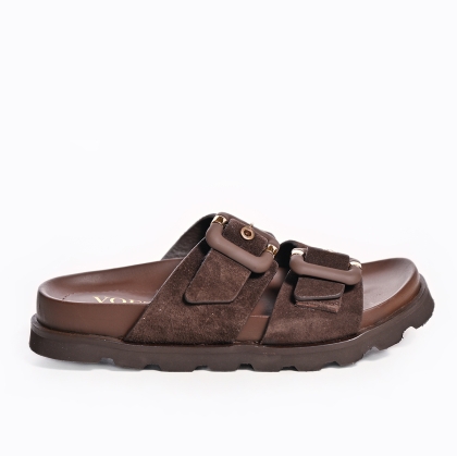 Sandale Femei Maro Piele Întoarsă Catarame Stil Casual Chic