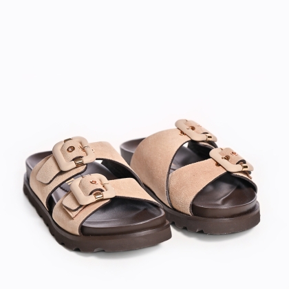 Sandale dama VOETTI bej, piele intoarsa, catarame, talpa chunky.