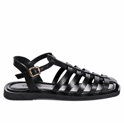 Sandale Damă VOETTI Piele Negre Vârf Pătrat Modern