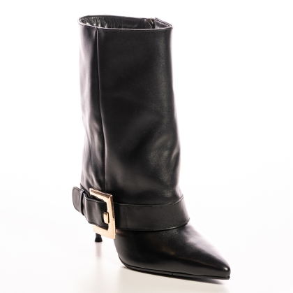 Botine Negre Piele, Toc Stiletto, Vârf Ascuțit, Cataramă Aurie