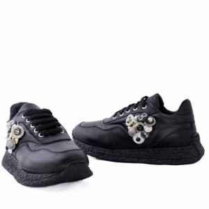 Sneakers Femei Piele Neagră cu Aplicații Bijuterie
