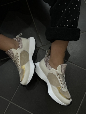Sneakers Dama Piele Bej & Snake Print - Eleganță Lejeră