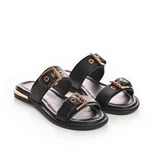 Șlapi Negri Damă cu Catarame Aurii - Eleganță și Confort!