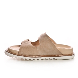 Șlapi damă piele întoarsă bej cu catarame - Confort & stil!