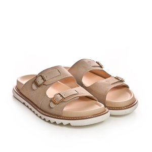 Șlapi damă piele întoarsă bej cu catarame - Confort & stil!