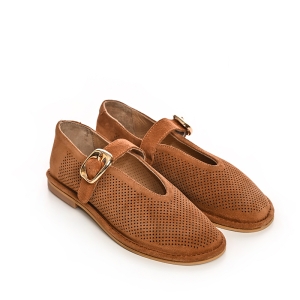 Balerini damă piele întoarsă maro cu cataramă - Eleganță și confort!