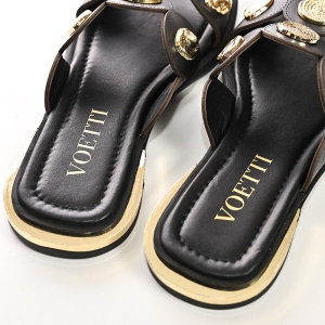 Șlapi Damă Piele Negri cu Ornamente Aurii Voetti