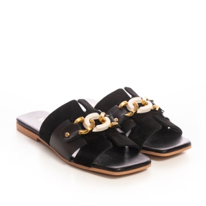 Papuci damă negri cu detalii aurii - Eleganță la fiecare pas!