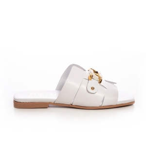 Sigur! Iată o sugestie:Papuci Dama Piele Albi cu Lanț Aurie - Eleganță și Confort