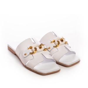 Sigur! Iată o sugestie:Papuci Dama Piele Albi cu Lanț Aurie - Eleganță și Confort