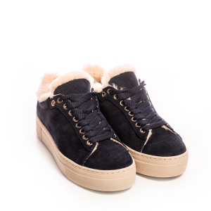Sneakers Dama Iarna Piele Suede Albastru Navy cu Blana