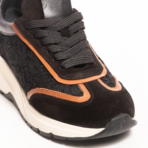 Adidași damă piele întoarsă negri cu detalii maro eleganți