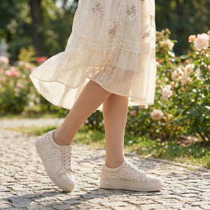 Tenisi crem cu dantelă - Eleganță și confort la fiecare pas!