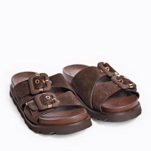 Sandale Femei Maro Piele Întoarsă Catarame Stil Casual Chic