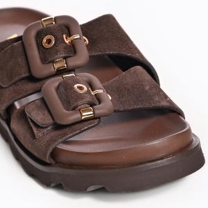 Sandale Femei Maro Piele Întoarsă Catarame Stil Casual Chic