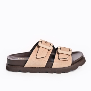 Sandale dama VOETTI bej, piele intoarsa, catarame, talpa chunky.