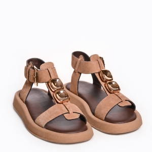 Sandale Damă Bej Piele Întoarsă, Talpă Grosă și Accesorii Aurii