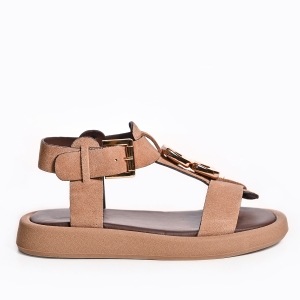 Sandale Damă Bej Piele Întoarsă, Talpă Grosă și Accesorii Aurii