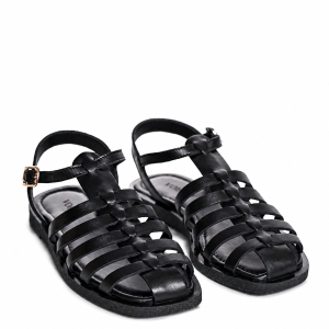 Sandale Damă VOETTI Piele Negre Vârf Pătrat Modern