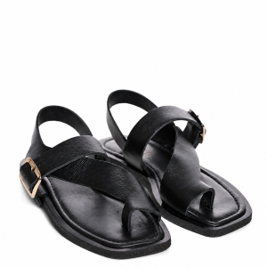 VOETTI Sandale Dama Negre Piele Naturală Vârf Pătrat Elegante