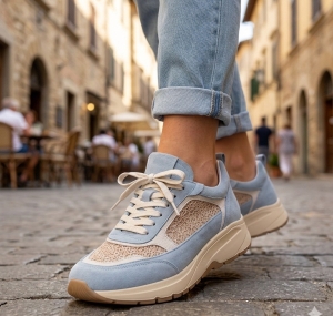 Adidași Damă Bleu Azur Piele Întoarsă Textil Beige Confort Moderni