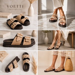 Sandale dama VOETTI bej, piele intoarsa, catarame, talpa chunky.
