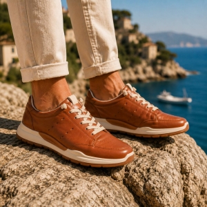 Sneakers bărbați piele maro coniac perforați, comozi
