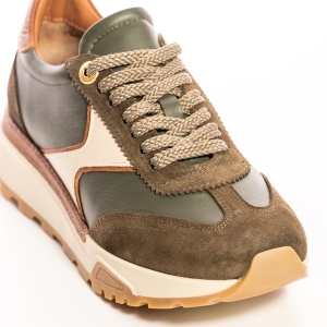 Adidași damă casual verde olive, piele naturală și velur