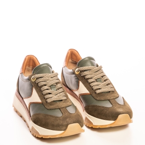 Adidași damă casual verde olive, piele naturală și velur