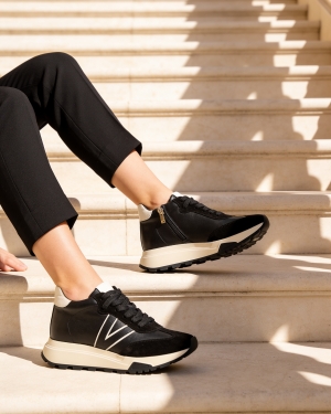 Adidași Femei Negri Piele Întoarsă Talpă Robustă, Stil Modern