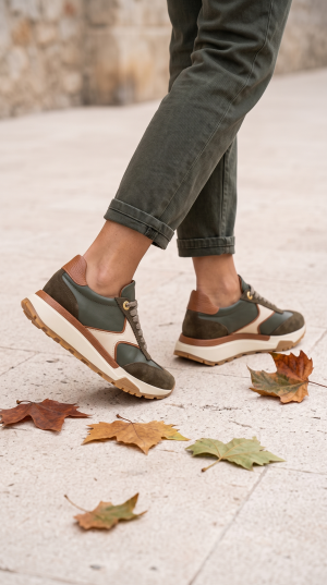 Adidași damă casual verde olive, piele naturală și velur