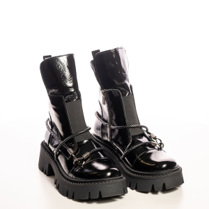 Ghete dama negre lăcuite, platformă, lanțuri metalice trendy
