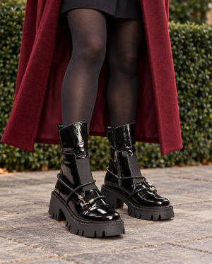 Ghete dama negre lăcuite, platformă, lanțuri metalice trendy