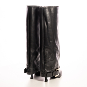 Cizme Piele Negre Damă Înalte, Toc Mic, Cataramă Aurie, Stil Elegant