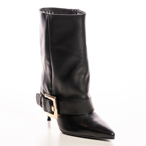 Botine Negre Piele, Toc Stiletto, Vârf Ascuțit, Cataramă Aurie