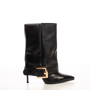 Botine Negre Piele, Toc Stiletto, Vârf Ascuțit, Cataramă Aurie