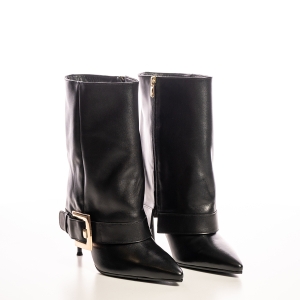 Botine Negre Piele, Toc Stiletto, Vârf Ascuțit, Cataramă Aurie