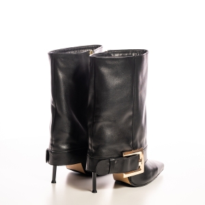 Botine Negre Piele, Toc Stiletto, Vârf Ascuțit, Cataramă Aurie