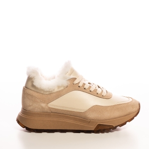 Sneakers damă bej din piele, căptușiți blană, talpă înaltă