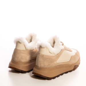 Sneakers damă bej din piele, căptușiți blană, talpă înaltă