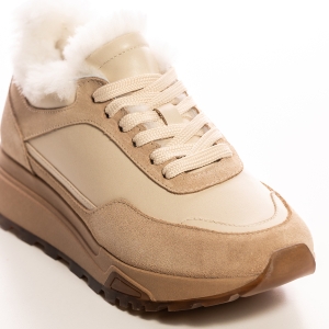 Sneakers damă bej din piele, căptușiți blană, talpă înaltă