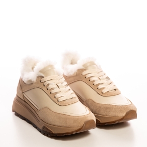 Sneakers damă bej din piele, căptușiți blană, talpă înaltă