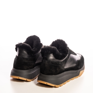 Sneakers damă negri piele & piele întoarsă, căptușiți blană
