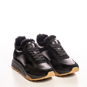 Sneakers damă negri piele & piele întoarsă, căptușiți blană